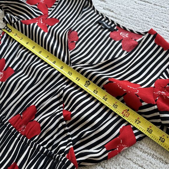 Madewell Black White Red Striped Floral Candied Orchids Wrap Ruffle Dress Size 2 - Picture 8 of 12